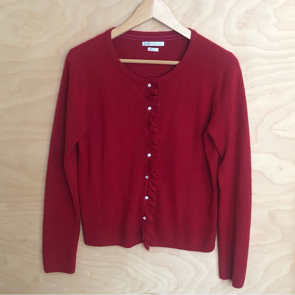 Van Heusen Red Cardigan Sweater Buttoned Ruffle Womens Sz M.